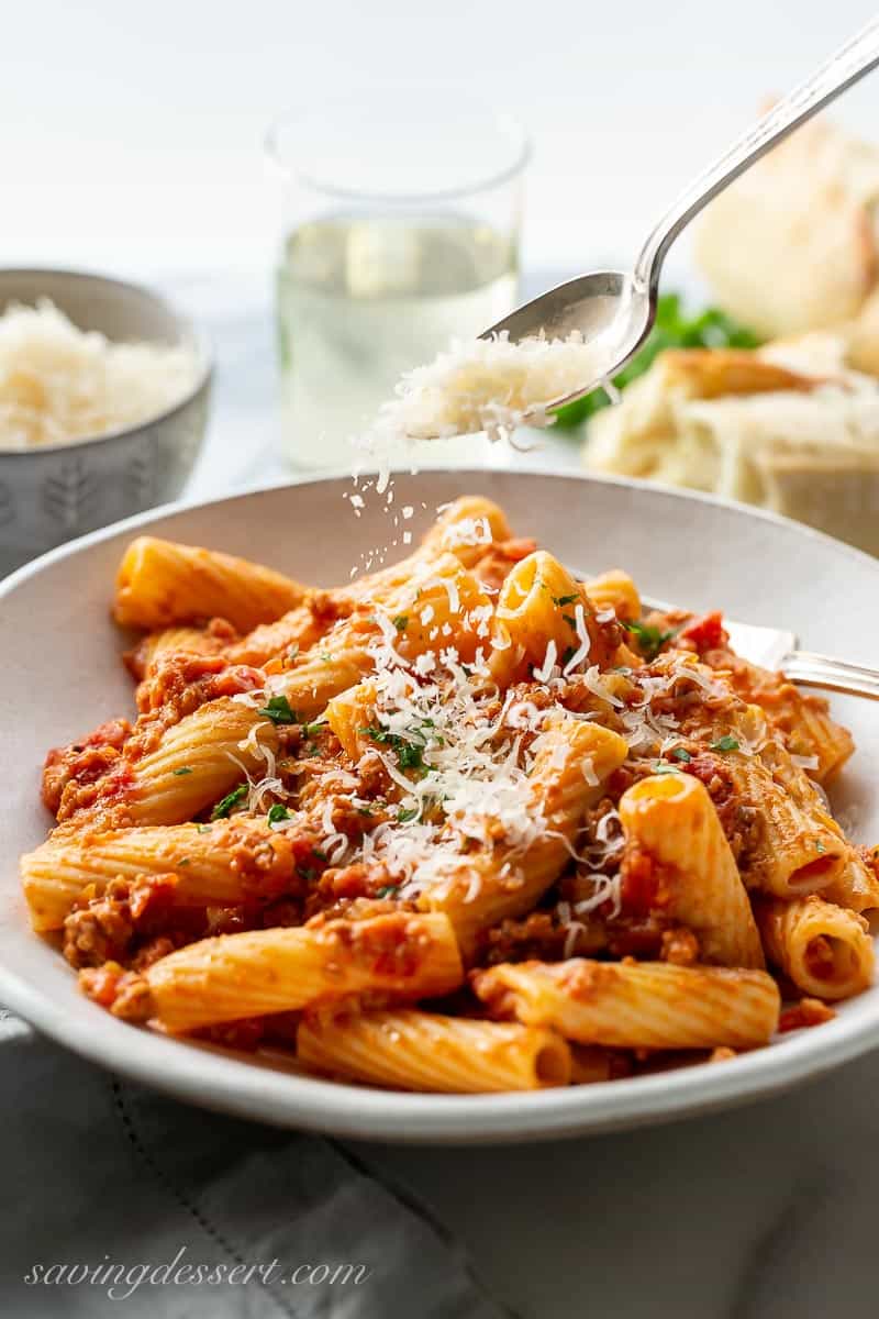 Rigatoni Bolognese in a bowl
